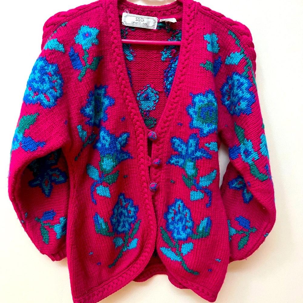 Vintage Catharine Lover Granny Floral Wool Knit Sweater Size Medium